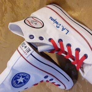 CONVERSE DODGERS White High-Tops with Red and Blue Details Women's 8.0 Men's 6.0